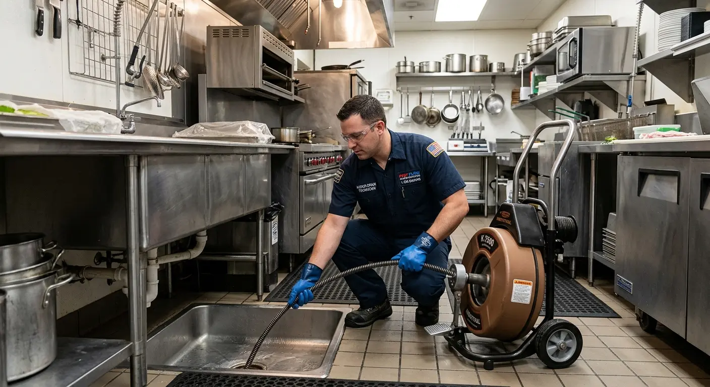 Commercial drain cleaning service in a restaurant kitchen in Englewood Cliffs