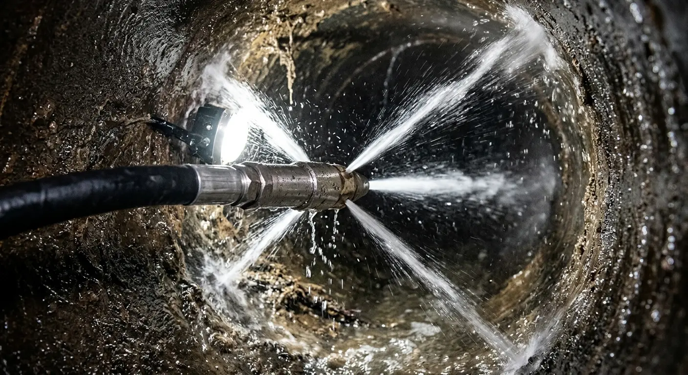High-pressure hydro jetting nozzle cleaning sewer pipe for Emergency Drain Service in Englewood Cliffs
