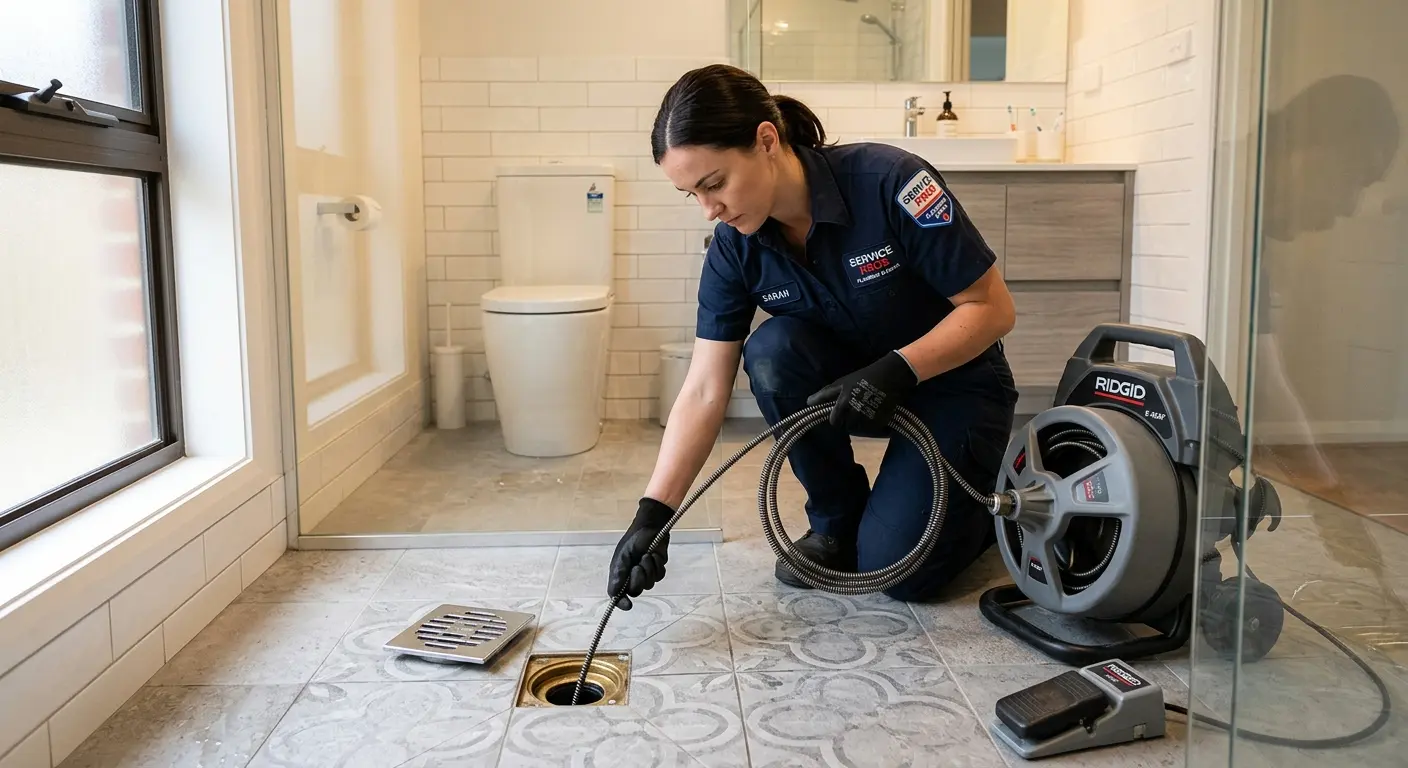Technician clearing a bathroom floor drain for Drain Cleaning in Englewood Cliffs